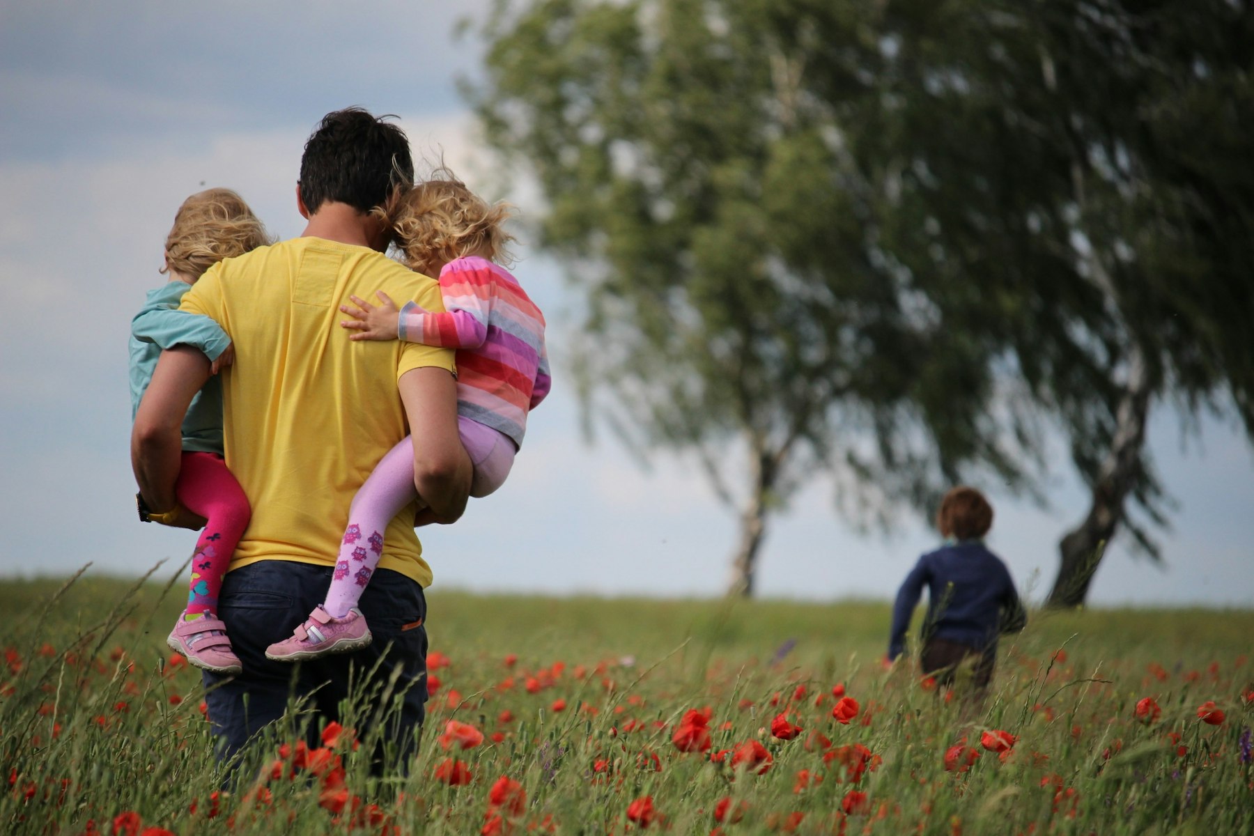 A dad carrying his two young daughters through a poppy field near home